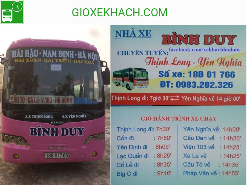 Xe khách tuyến Hải Hậu đi Yên Nghĩa nhà xe Bình Duy